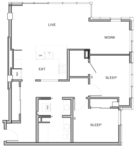 A floor plan of a house with labeled rooms for living, working, eating, and sleeping.